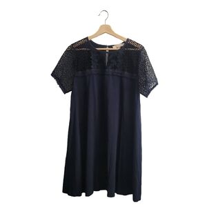 LOFT Navy Blue Lace Midi Dress Size Large  Feminine Relaxed Fit Minimalist